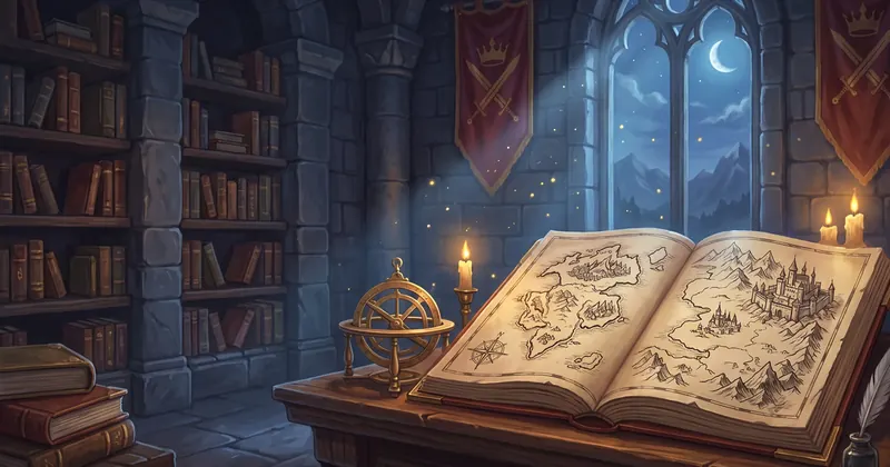 Иллюстрация: раскрытая книга с картой фэнтези-мира в старинной библиотеке